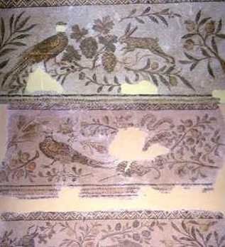 Mosaico che un tempo lastricava la corte della famosa Casa della voliera, una dimora aristocratica posta sulla sommit di Cartagine