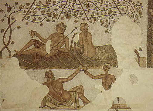 Mosaico con scene dionisiache che rivelano la produzione di vino in Africa