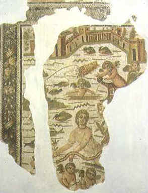 Pavimento di mosaico delimitato da un quadro fatto da una ghirlanda di lauro punteggiata di fiori