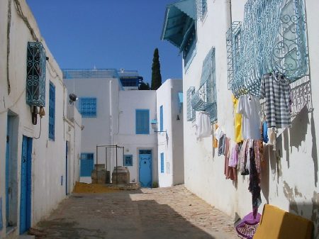 Una stradicciola di Sidi Abou Said fra panni, case bianche e azzurre