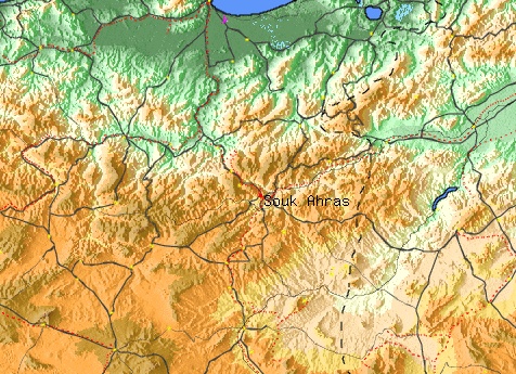 Mappa fisica geografica della regione numidica di Tagaste