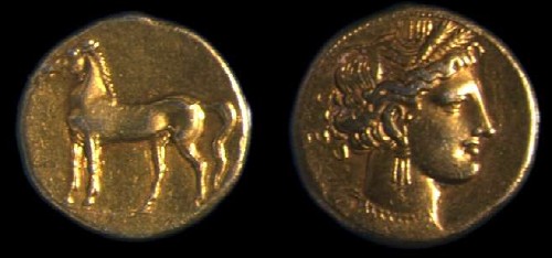 Moneta cartaginese con l'immagine di Cerere, sul retro un cavallo