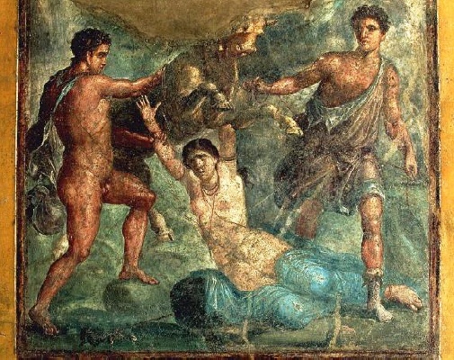Anfione e Zeto legano la loro zia Dirce ad un toro furioso. Affresco romano dalla Casa dei Vettii a Pompei