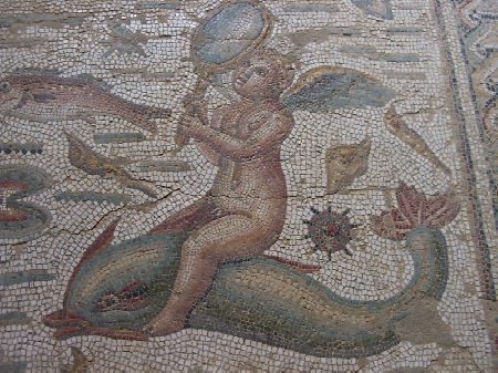Particolare del mosaico di Venere: l'angelo sul delfino con lo specchio