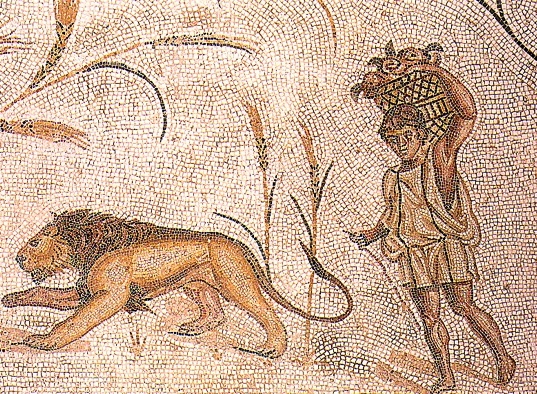 Particolare di un mosaico con il dio Nettuno: un leone e portatore di vivande, al Museo del Bardo