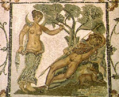 Mosaico proveniente dalla casa di Industrius che raffigura Selene mentre ammira il pastore Endymion addormentato