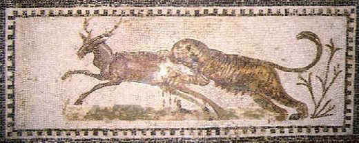 Mosaico con una tigre che sta divorando un cervo. L'opera  conservata al Museo del Bardo.