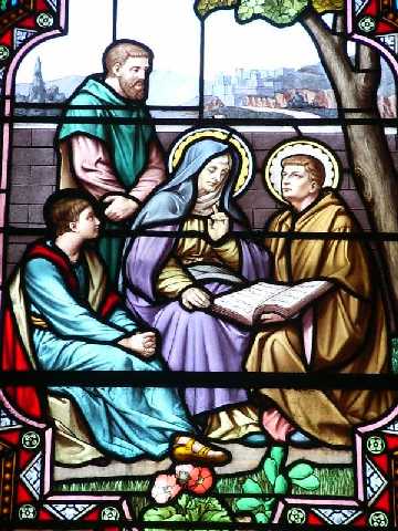 Agostino, Monica, Adeodato e Navigio nel rus Cassiciacum di Verecondo: vetrata nella cattedrale di S. Agostino  a Ippona