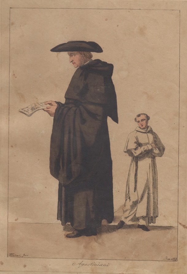 acquaforte con l'immagine di un monaco agostiniano con un novizio