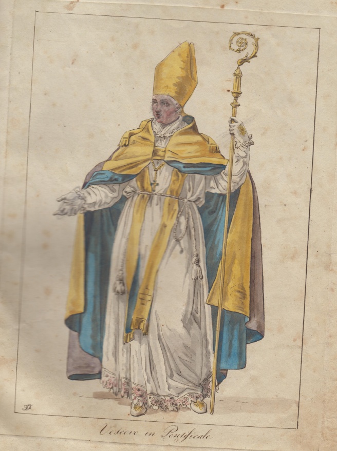 acquaforte con l'immagine di Vescovo in pontificale