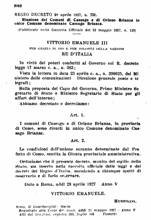 Regio decreto di Unione fra i Comuni di Cassago e Oriano