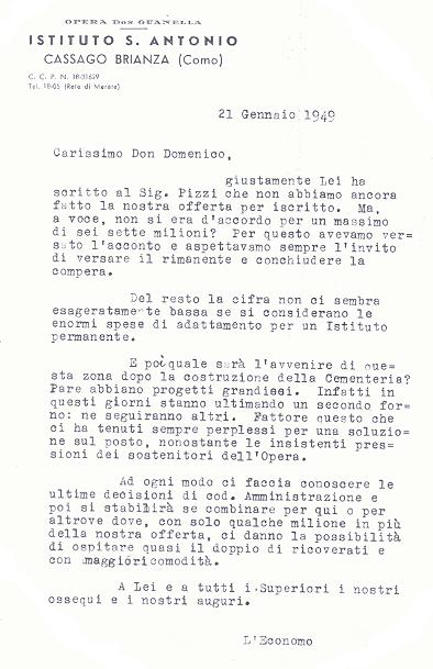 Lettera all'economo del Seminario di Lodi per la vendita dell'Istituto S. Antonio