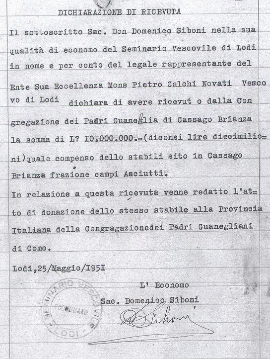 Ricevuta di don Domenico Siboni per la vendita dello stabile dei Campiasciutti 