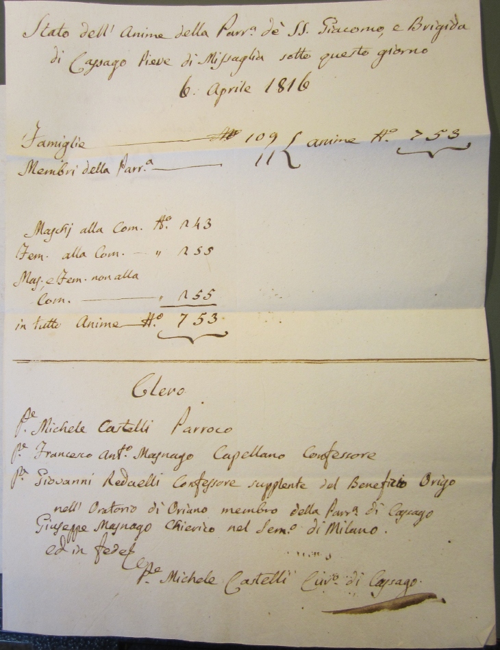 Stato d'anime della Parrocchia di SS. Giacomo e Brigida di Cassago nel 1816