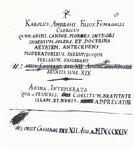 La scritta sulla lapide di Carlo Ambrogio chierico figlio di Antonia Santandrea