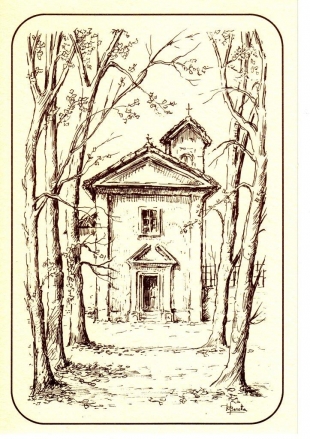 Una riproduzione su cartolina della chiesa di Oriano del pittore Renato Beretta
