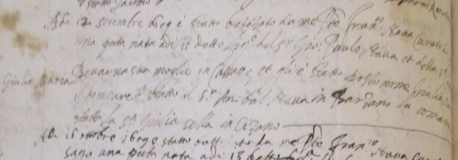 Atto di battesimo di Giulia Maria figlia di Gio: Paulo Nava datato 12 settembre 1609