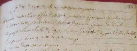 Atto di battesimo con scritta autografa del parroco Antonio Maria de Capitani de Lavello