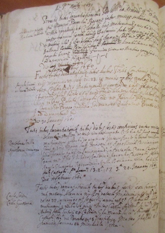 La pagina iniziale dei matrimoni del secolo XVII del II registro parrocchiale