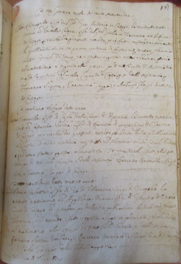 La pagina iniziale dei matrimoni del secolo XVII del III registro parrocchiale
