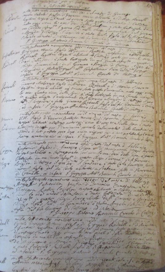La prima pagina del quinto Registro dei battesimi con i nati dell'anno 1791