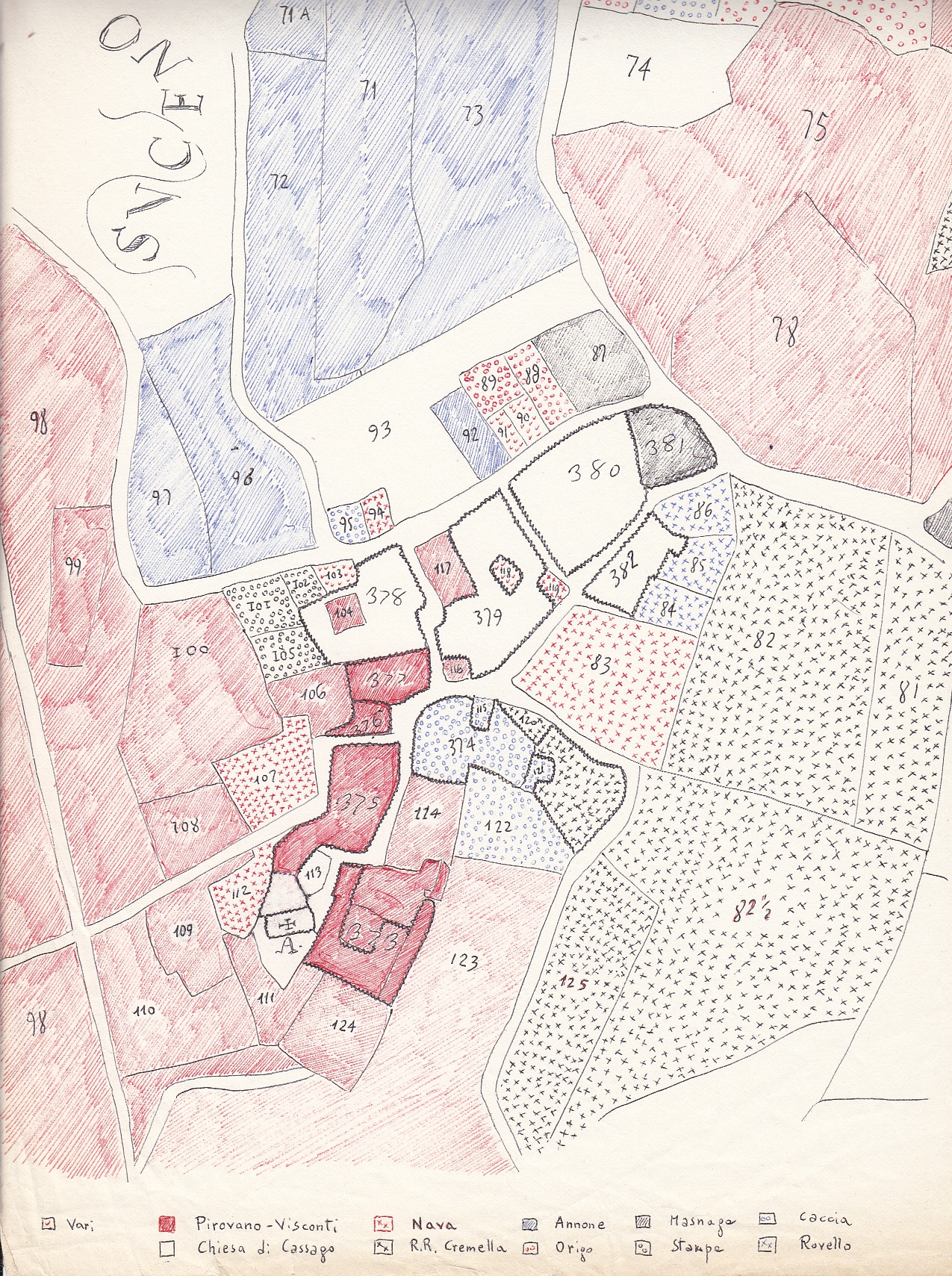 Mappa del centro storico di Cassago secondo il Catasto Teresiano