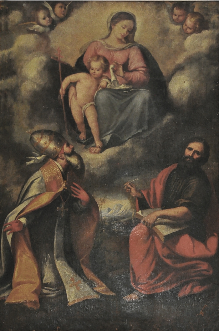 La pala d'altare con la vergine e i santi Gregorio e Marco nell'Oratorio di Oriano