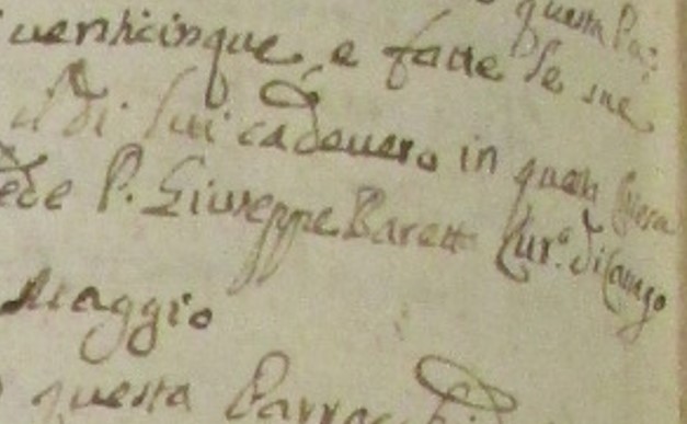 Il parroco Giuseppe Baretta firma un atto sul Chronicon