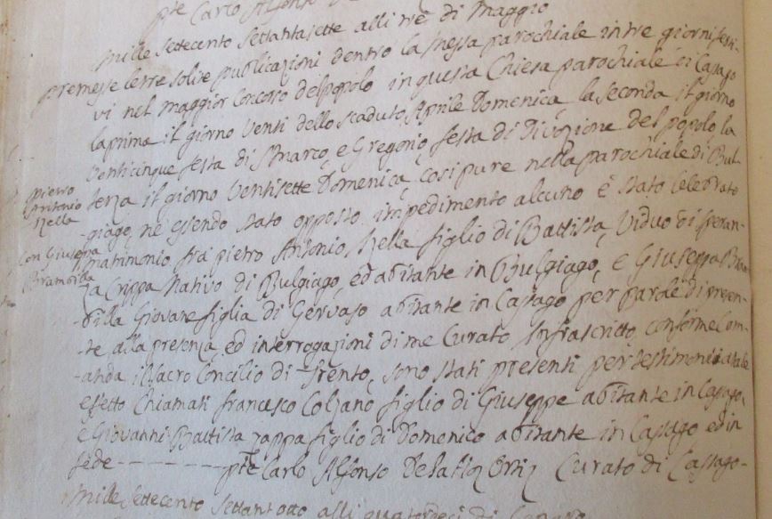 Lo scritto del parroco Carlo Alfonso De la Hoz Ortiz che accenna alla festa di san Marco