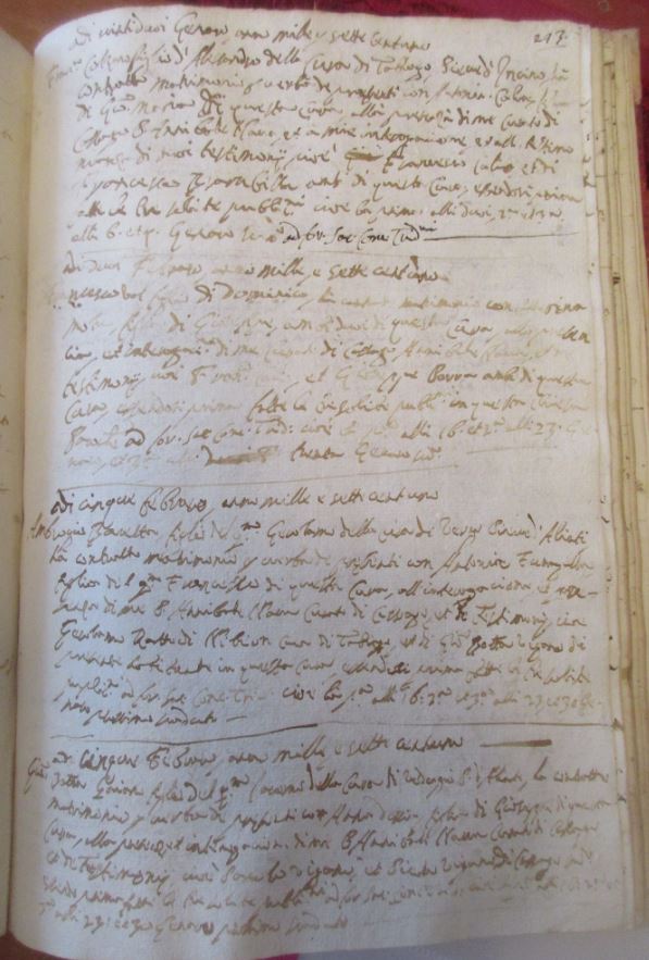Una pagina iniziale dei matrimoni del Settecento del III registro parrocchiale