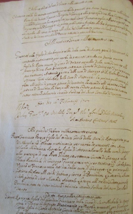 Una pagina iniziale del IV registro parrocchiale dei matrimoni celebrati nel Settecento 