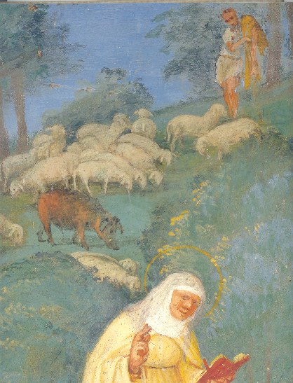 Il pastore accudisce le pecore mentre Brigida ammansisce con la preghiera il porco selvatico infuriato
