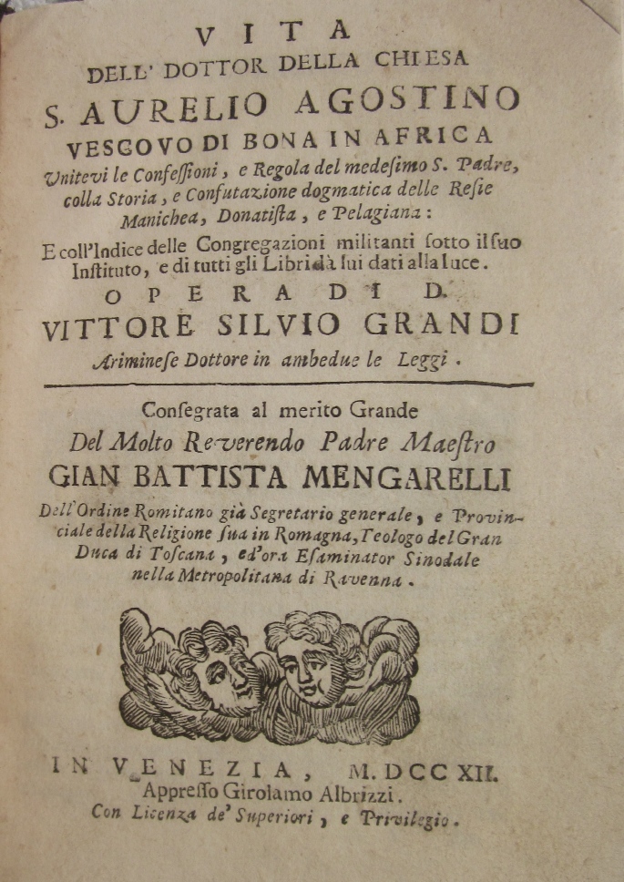 Il frontespizio dell'opera di Vittore Silvio Grandi relativo alla Vita di sant'Agostino