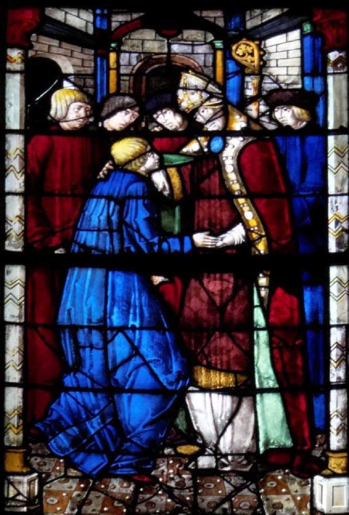Agostino  accolto dal vescovo Ambrogio, vetrata nella chiesa di Notre Dame a Eperney