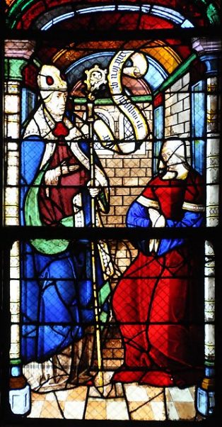 Monica consolata da un vescovo, vetrata nella chiesa di Notre Dame a Eperney