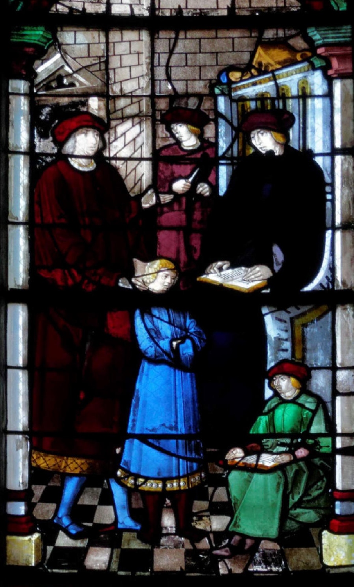 Agostino portato a scuola, vetrata nella chiesa di Notre Dame a Eperney