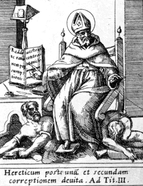 Agostino schiaccia l'eresia dei Manichei, dalla stampa di Kartarius alla Biblioteca Nazionale di Parigi