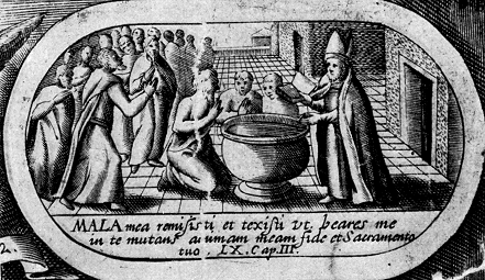 Il battesimo di Agostino, da una stampa di Leclerc alla Biblioteca Nazionale di Parigi