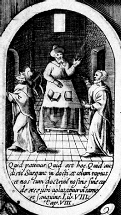 Alipio ed Agostino discutono il racconto di Ponticiano, da una stampa di Leclerc alla Biblioteca Nazionale di Parigi