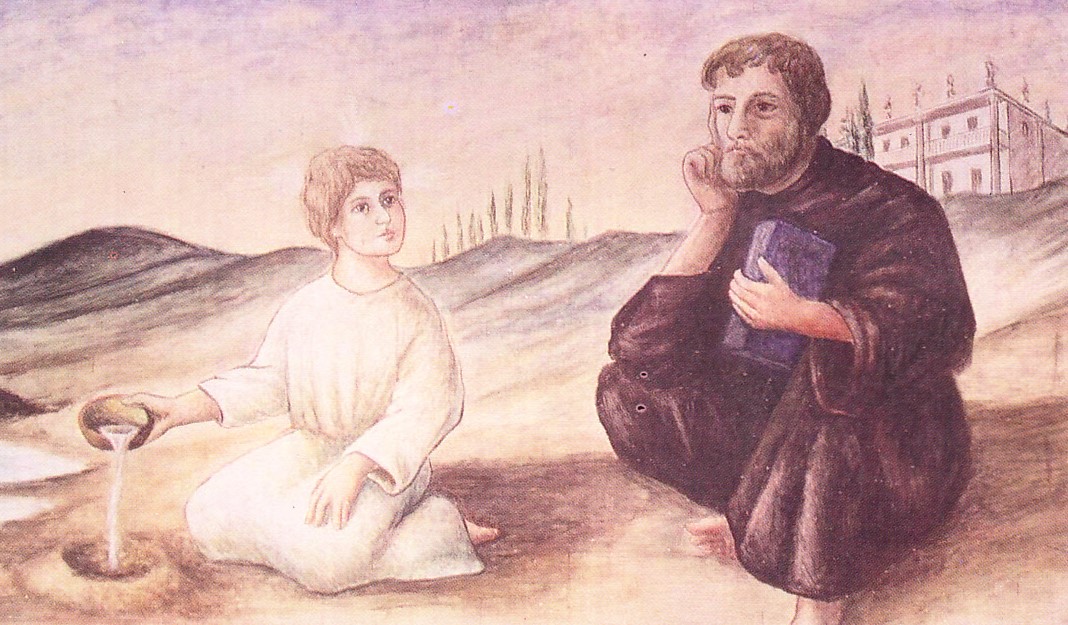 Agostino e il bambino sulla riva del mare