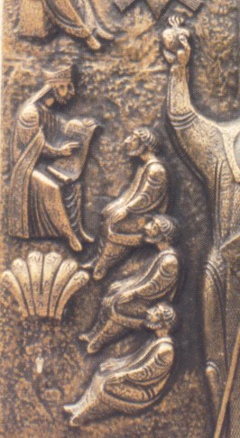 Agostino consegna la Regola ai monaci, particolare della porta di sant'Agostino a Ried