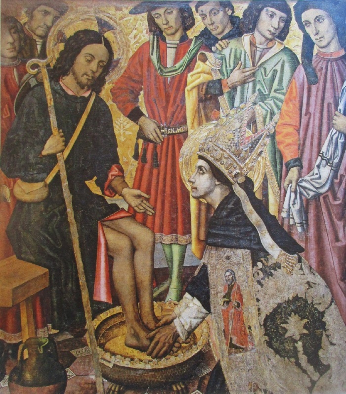 Agostino lava i piedi del Cristo pellegrino di Jaime Huguet al Museo di Arte Catalana a Barcellona