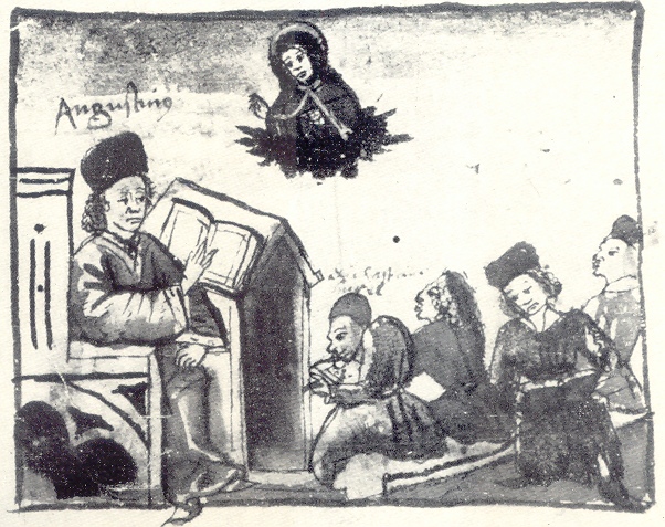 Agostino legge l'Hortensius di Cicerone, immagine tratta dalla Vita sancti Augustini