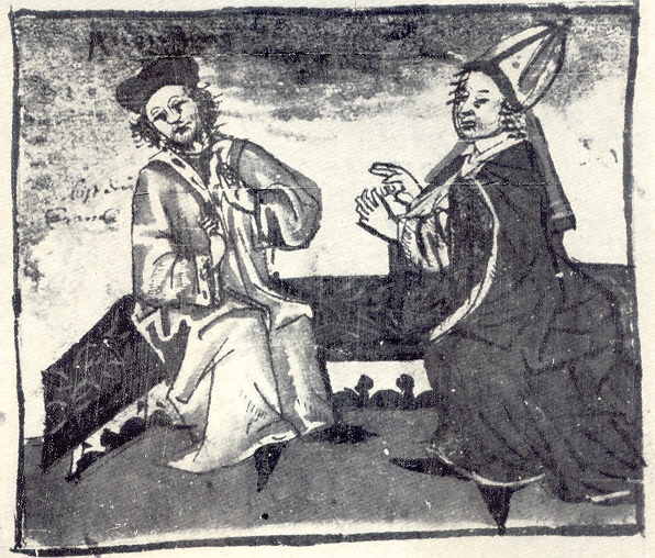 Agostino si incontra con Fausto di Milevi, immagine tratta dalla Vita sancti Augustini
