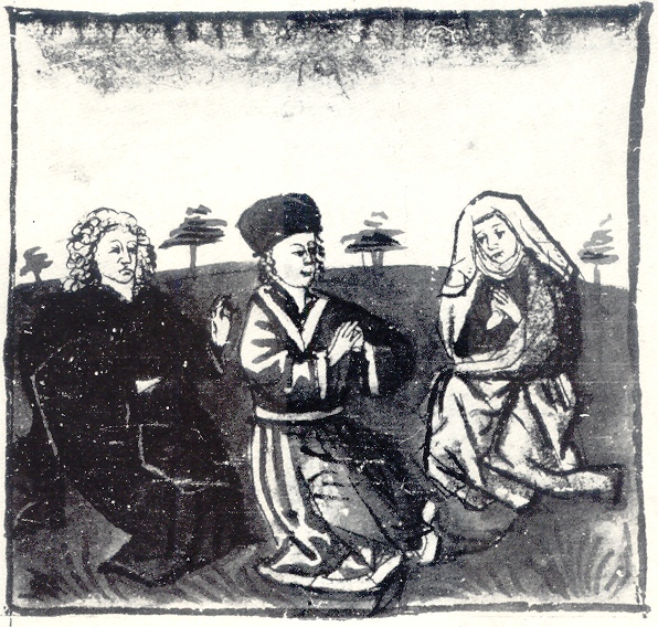 Agostino e Alipio raccontano la loro conversione a Monica, immagine tratta dalla Vita sancti Augustini