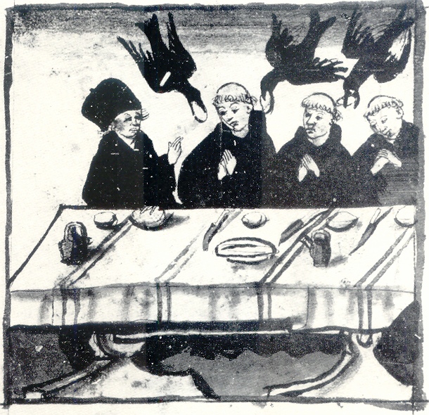 Due uccelli portano il cibo ai frati monaci, immagine tratta dalla Vita sancti Augustini