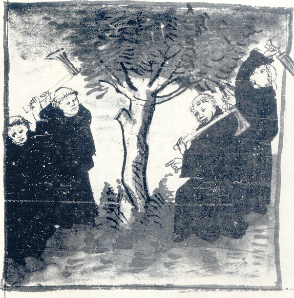 Dopo pranzo i monaci tagliano gli alberi, immagine tratta dalla Vita sancti Augustini