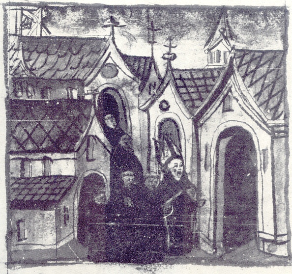 Agostino fonda un terzo monastero nella casa del vescovo, immagine tratta dalla Vita sancti Augustini