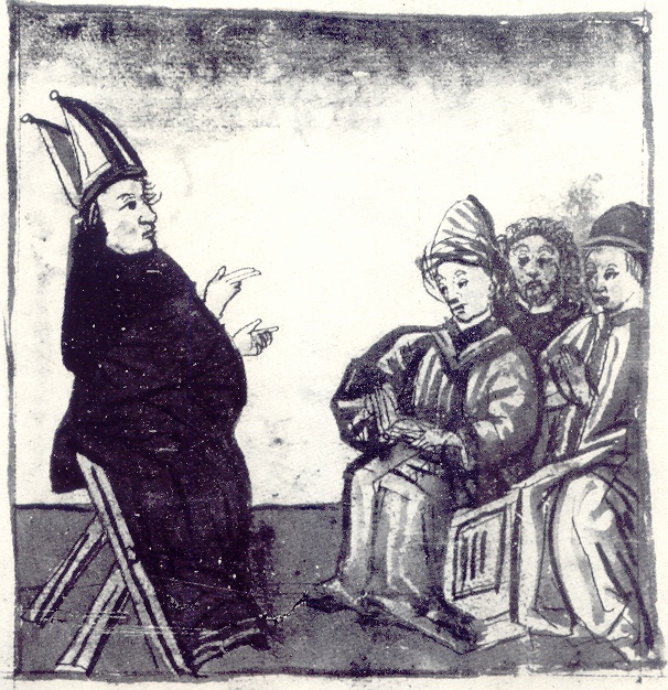 Agostino combatte gli eretici Felice, Pascenzio e Fausto, immagine tratta dalla Vita sancti Augustini