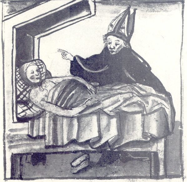 Agostino impone la mani a un malato, immagine tratta dalla Vita sancti Augustini
